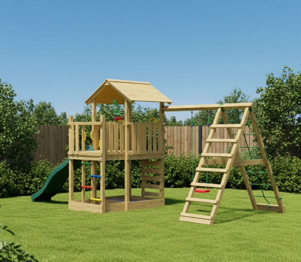 Jungle Chateau | Wooden climbing frame with swing & climbing net