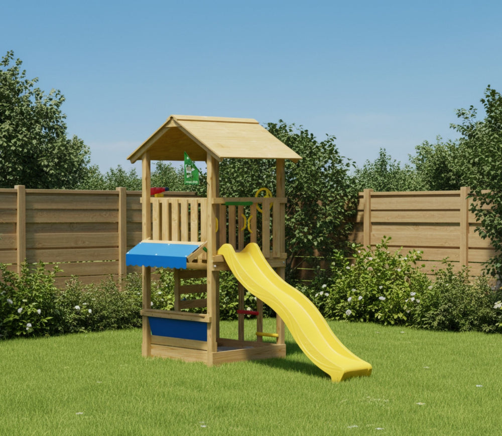 Jungle Vista | Wooden climbing frame with slide & market stall