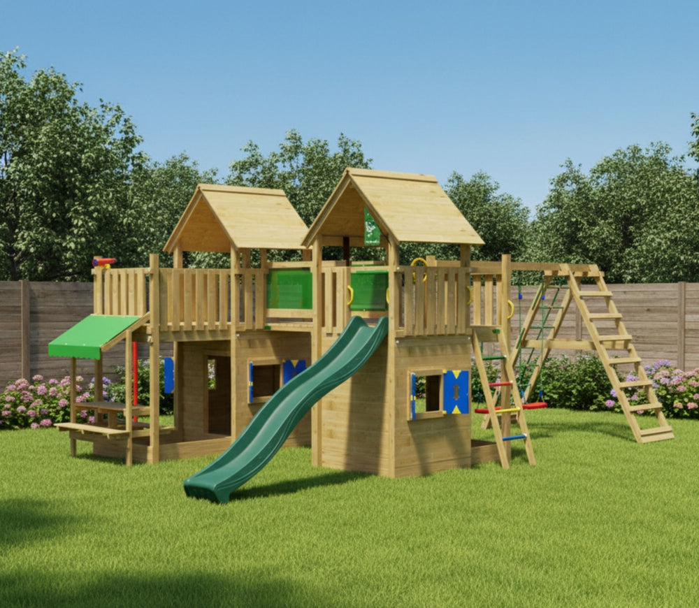 Jungle Titan | Tower playhouse with swings & climbing net