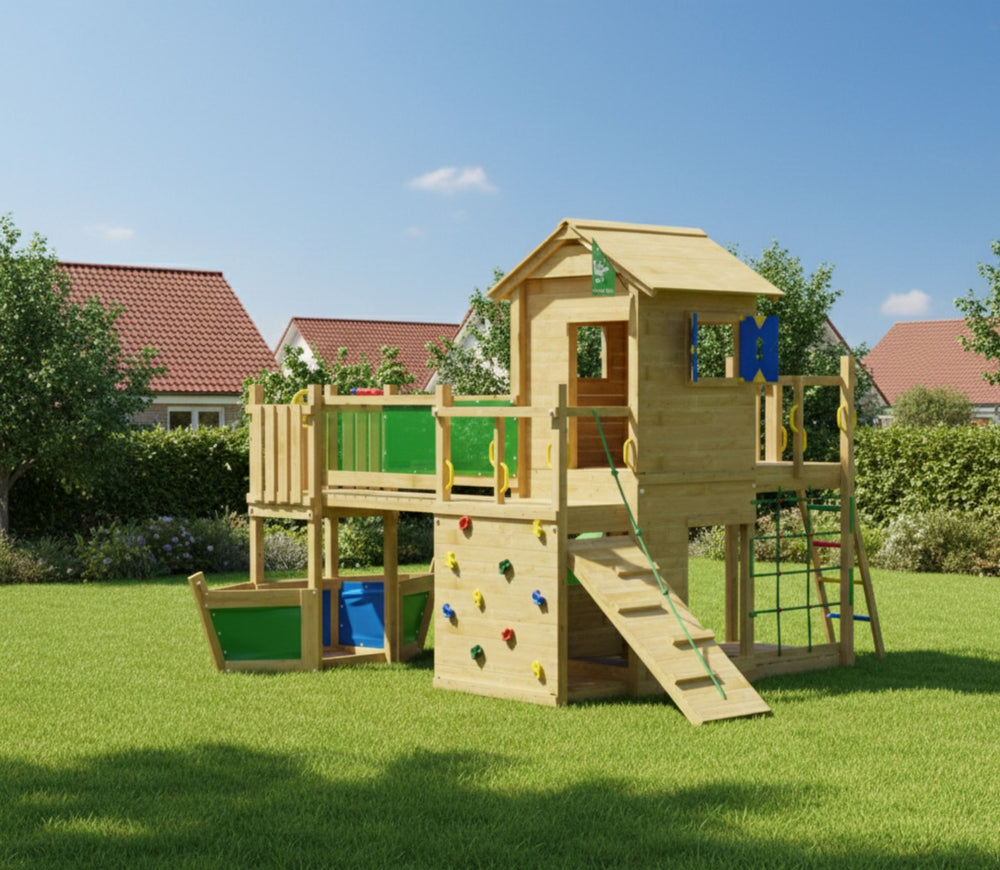 Jungle Boathouse | Tower playhouse with slide & market stall