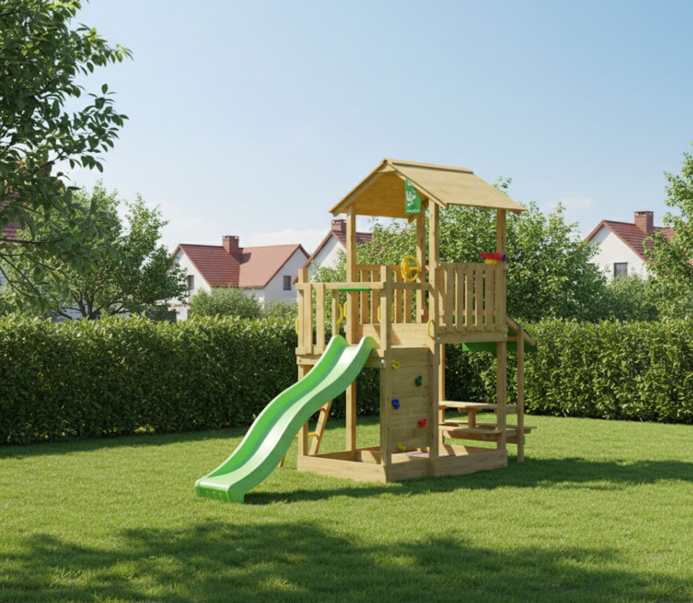 Jungle Keep | Wooden climbing frame with slide & picnic table