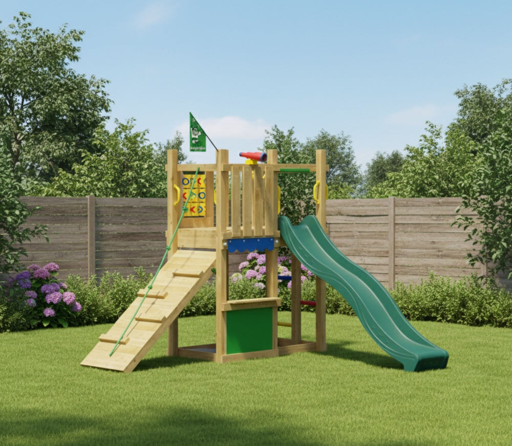Jungle Trail | Wooden climbing frame with slide & market stall