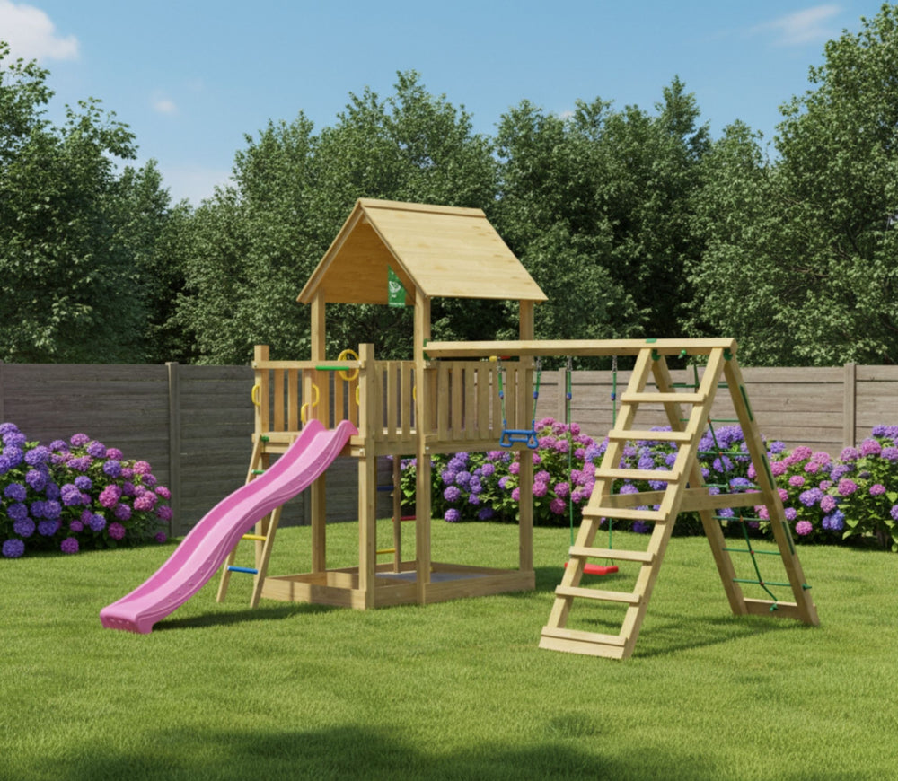 Jungle Majesty | Wooden climbing frame with swings & climbing net