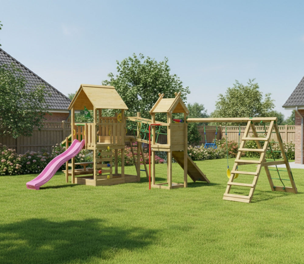 Jungle Pavillon | Wooden climbing frame with swings & climbing net