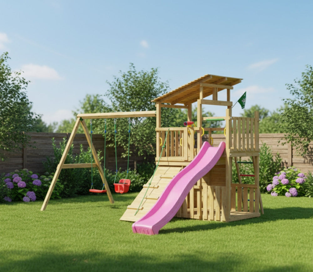 Jungle Vale | Tower playhouse with swings & veranda