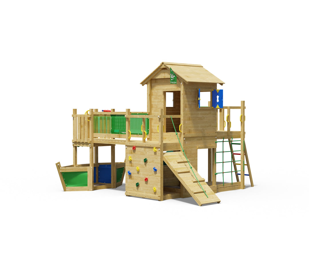 Jungle Boathouse | Tower playhouse with slide & market stall
